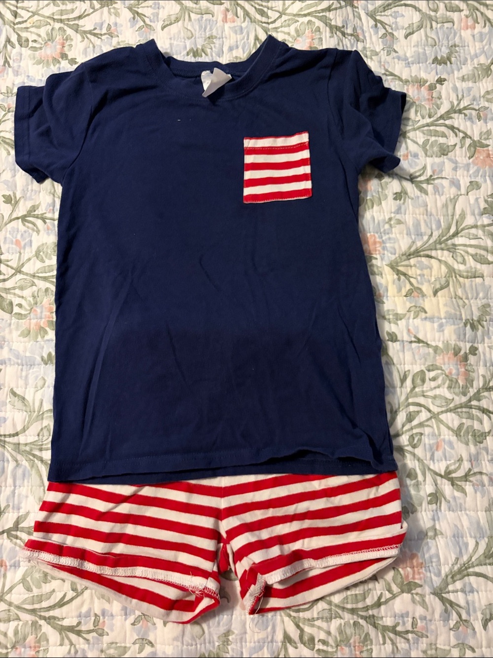 Kids Navy Blue Short-Sleeve Pajama Set with Red Striped Pocket and Shorts